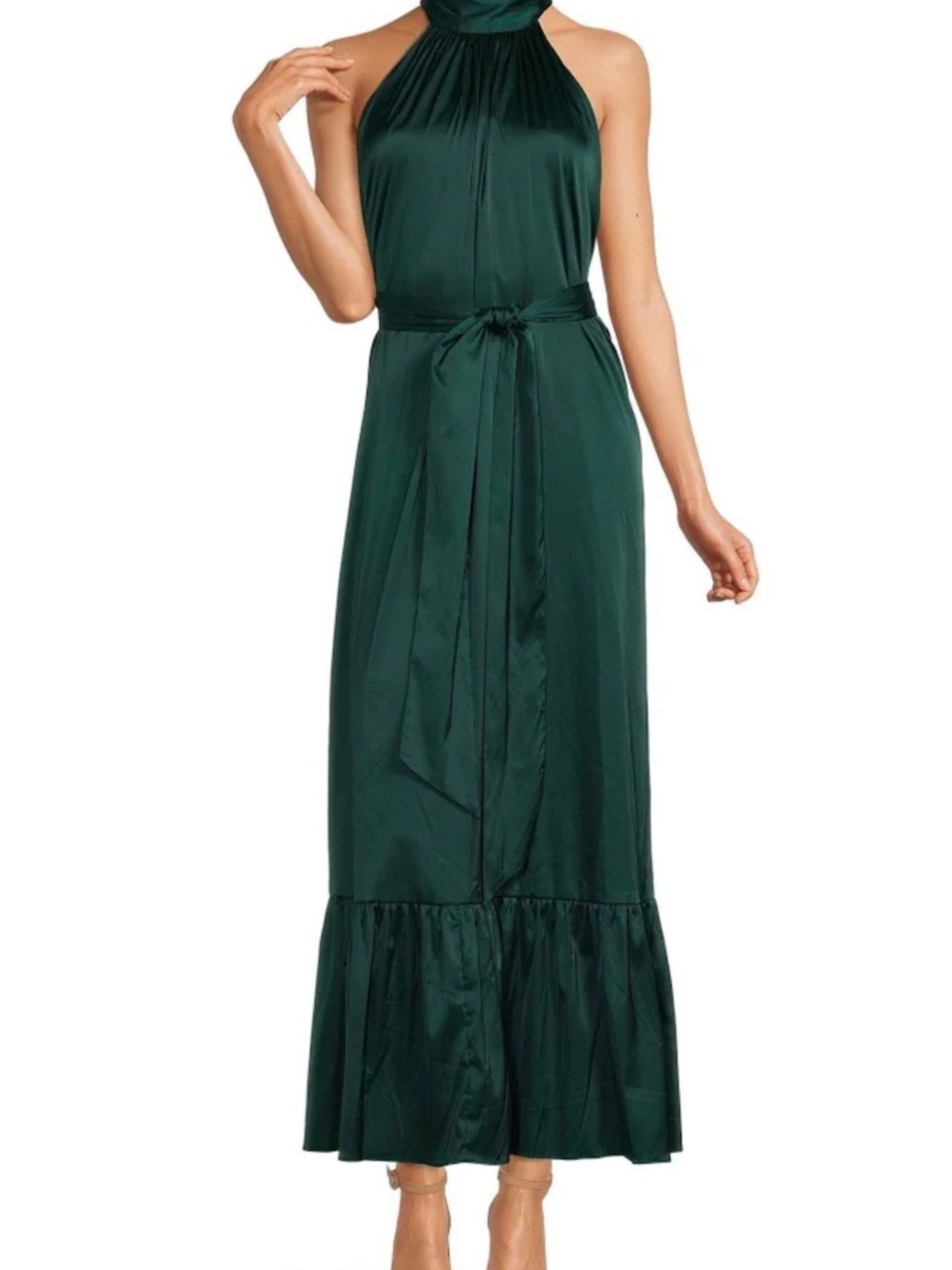 Badgley Mischka High-Neck Silk Tie Waist Maxi Dress in Deep Green